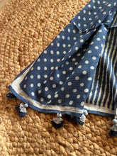 Load image into Gallery viewer, Beautiful Tassels in the stole. Sooti Stole in Indigo Dots - for all scarf lovers