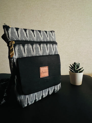 Zipper Sling Bag - Ikat Black & Grey