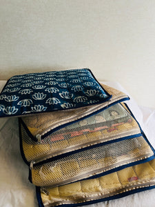 Sooti Saree Organizer - Indigo Lotus | Comes With 5 Saree Sleeves and a Cloth Bag