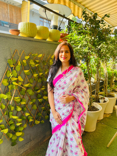 Saree - White & Pink Rosey