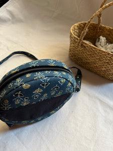 Round Sling Bag Medium - Ajrakh Worli Blue