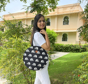 Sooti Round Quirky Tote Bags in cotton for those casual times and vacation days. Spacious enough to keep all your belongings. Handcrafted with love!