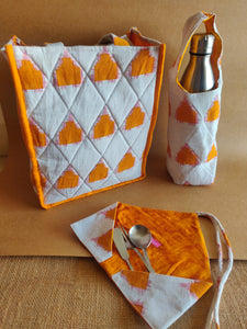 Lunch Bag With Bottle Bag & Cutlery Wrap - White & Yellow