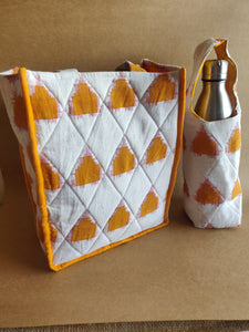 Lunch Bag With Bottle Bag & Cutlery Wrap - White & Yellow