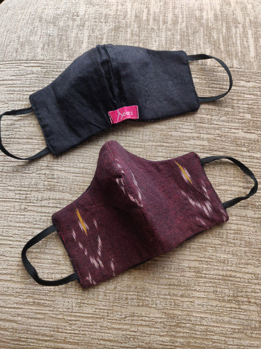 Ikat Maroon & Black - Sooti face masks for kids with cotton. Masks are 3 layered and reversible. The elastic is comfortable and long lasting.