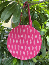 Load image into Gallery viewer, Round Ikat Tote Bags for those casual times and vacation days. Spacious enough to keep all your belongings. Back side of the bag