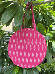 Round Ikat Tote Bags for those casual times and vacation days. Spacious enough to keep all your belongings. Back side of the bag