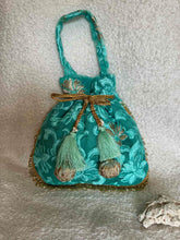 Load image into Gallery viewer, Sooti Potli Bag turquoise love with handle and tassels