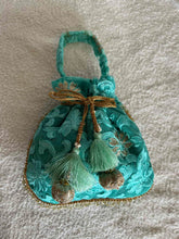 Load image into Gallery viewer, Sooti Potli Bag Turquoise Love with handles and tassels, size: 8 by9.5 inches