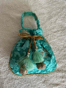 Sooti Potli Bag Turquoise Love with handles and tassels, size: 8 by9.5 inches
