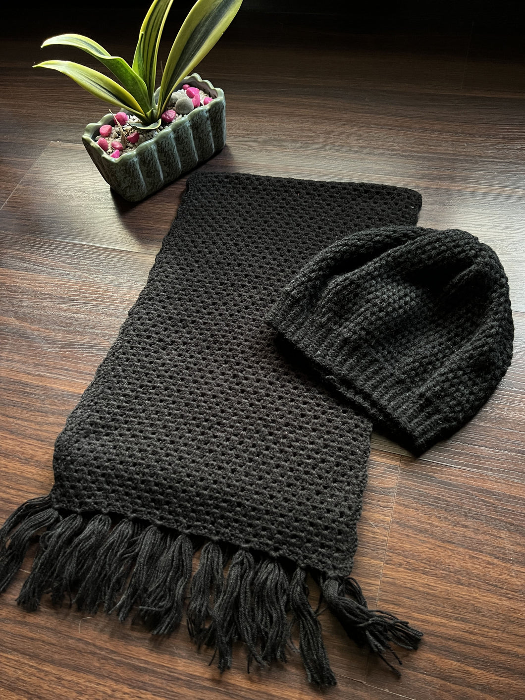 Sooti Black Scarf & Beanie crochet love made by a granny