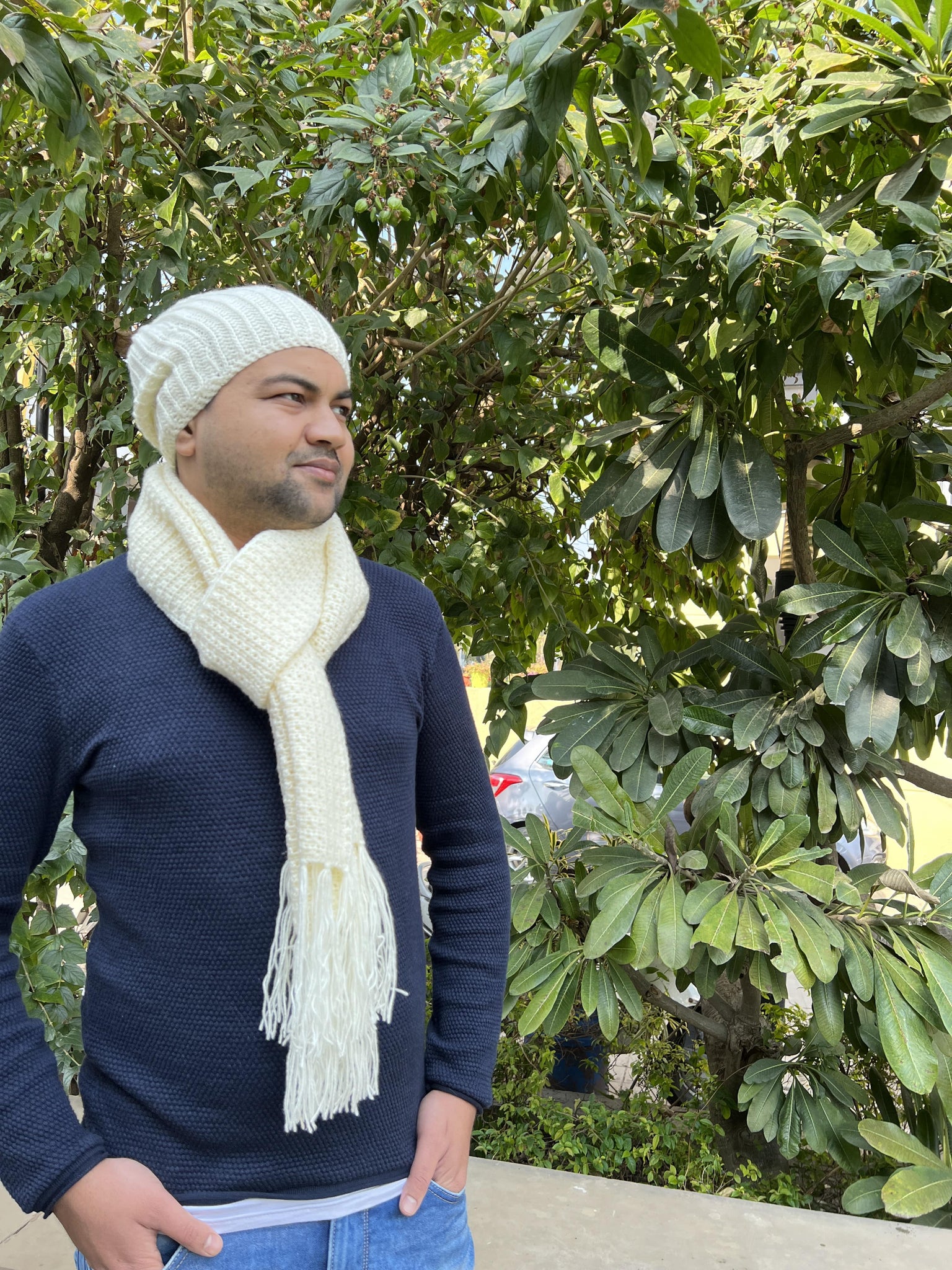 Crochet Scarf Beanie For Men White –