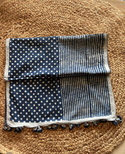 A flat lay of the stole. Sooti Stole in Indigo Dots - for all scarf lovers